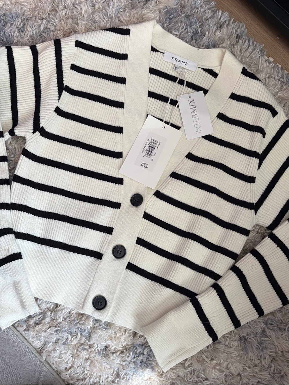 Frame Denim Black & Cream Striped V-Neck Cardigan